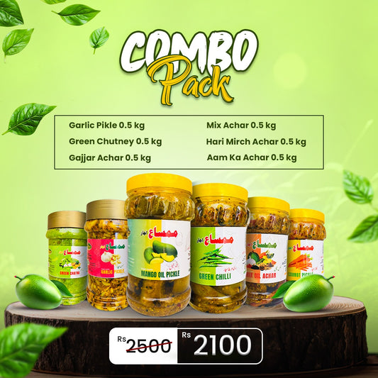 Deal 4 ( 0.5 kg - Mix Achar, Green Chutney, Garlic Achar , Hari Mirch Achar, Mango Achar, and  Gajjar Achar )