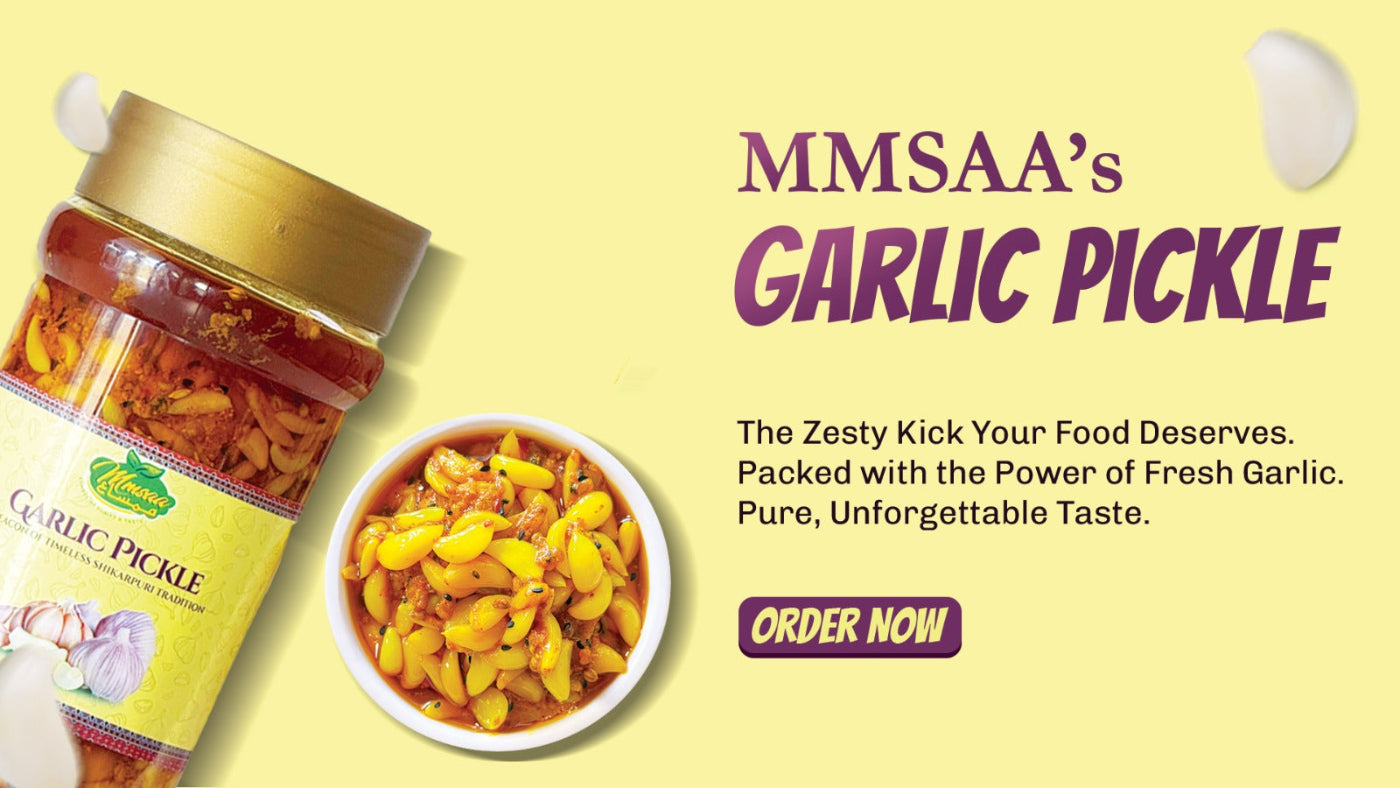 Garlic pickle jar and bowl with promotional text on a yellow background